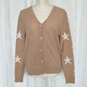 Magaschoni Women's Cashmere Cardigan Large Tan Star Sleeves V-Neck Soft Cozy
